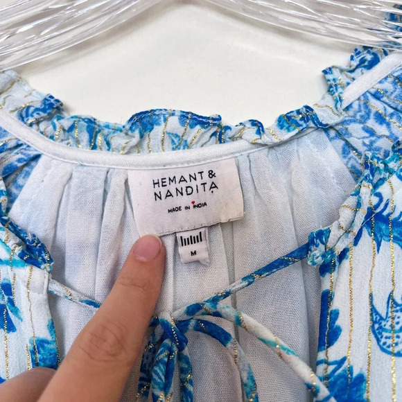 Hemant & Nandita Blue Metallic Striped Floral Tassle Bohemian Mini Dress Medium - Picture 5 of 11